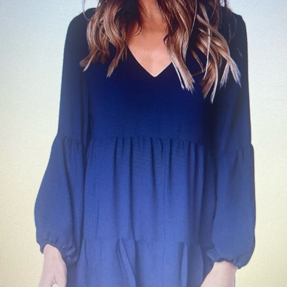 FOWSMON Navy Blue Tunic Dress Women Size Small V Neck Long Sleeve Ruffle Swing